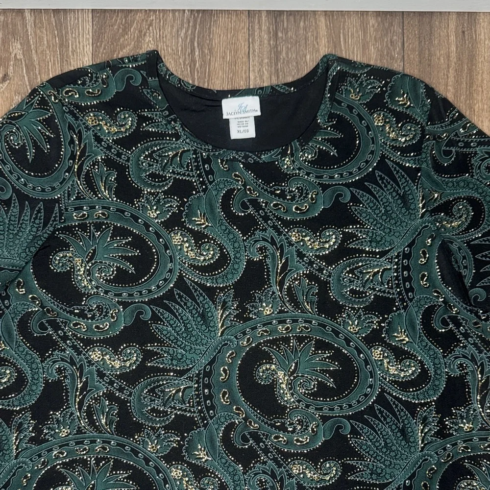 Jaclyn Smith Black and Green Paisley Short Sleeve Top Women’s Size XL - Picture 8 of 13